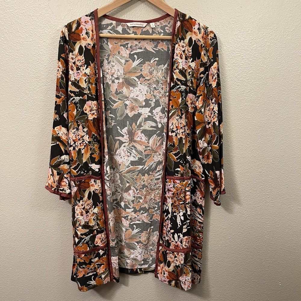 Soft Surroundings Boho Floral Kimono Cardigan Open 3/4 Sleeves Brown Green Sz XS